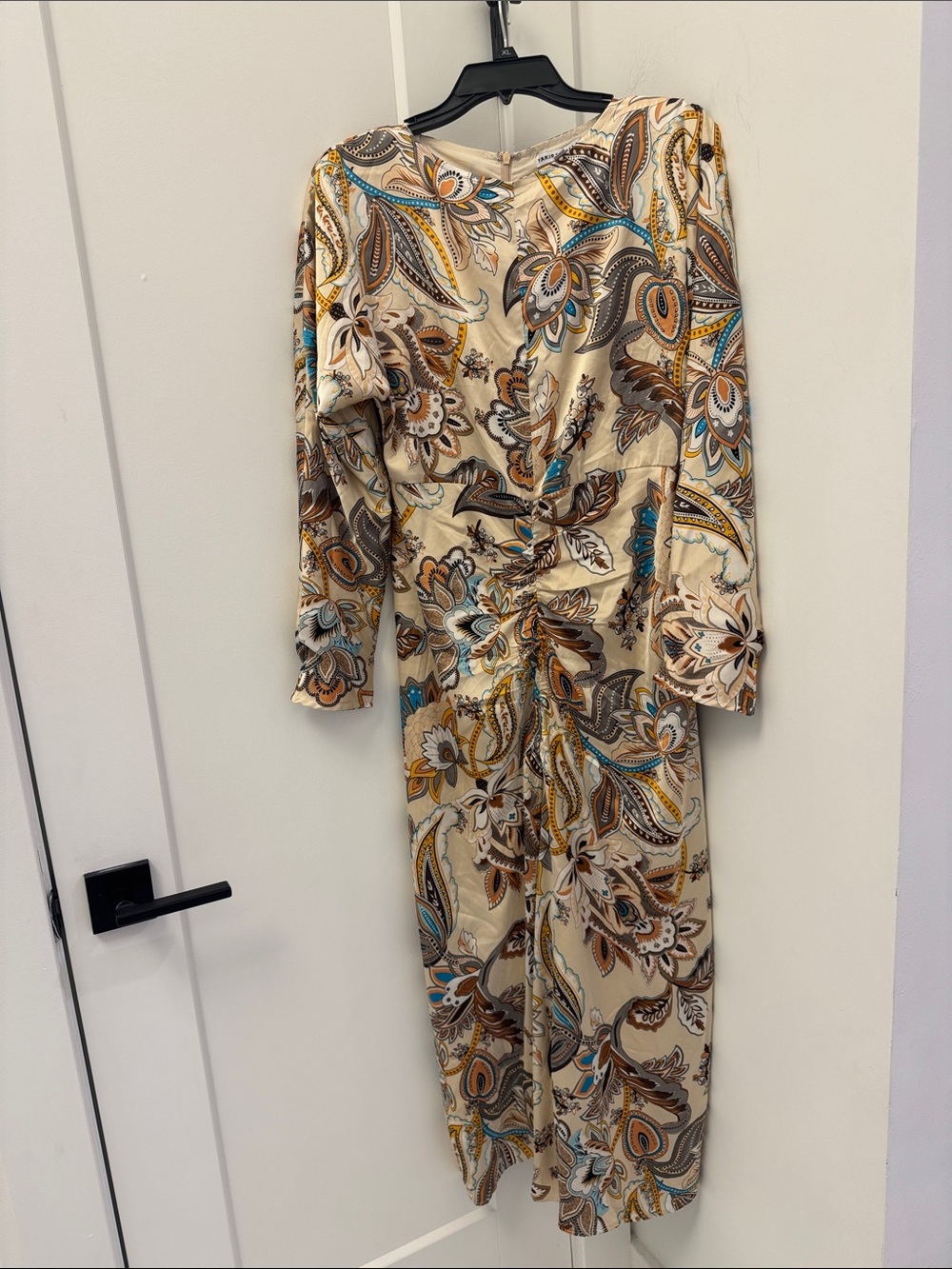 Paisley Print Long Sleeve Midi Dress in Cream and Teal